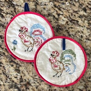 Hand-Embroidered and Handmade Chicken Potholders with Red Trim - Set of 2